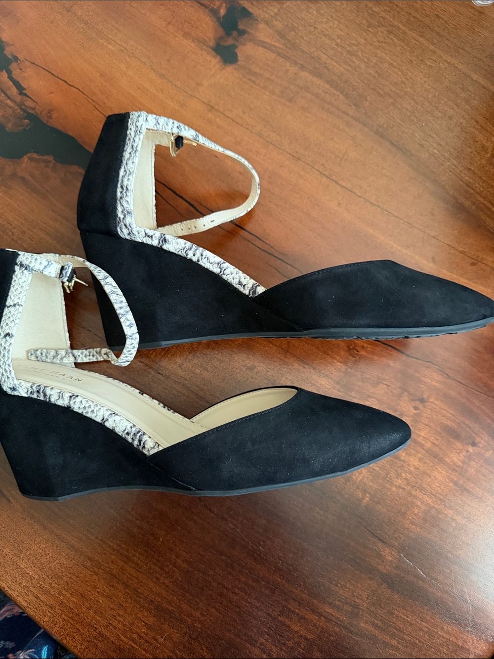 Brand new Cole Haan Black Suede Pointed-Toe Wedges with Snake-Print Trim